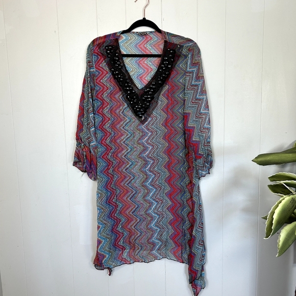 foglie rossie Tops - Foglie Rosse Sheer Bright Beaded Long Tunic Swim Cover-Up 3/4 Sleeves Boho beach